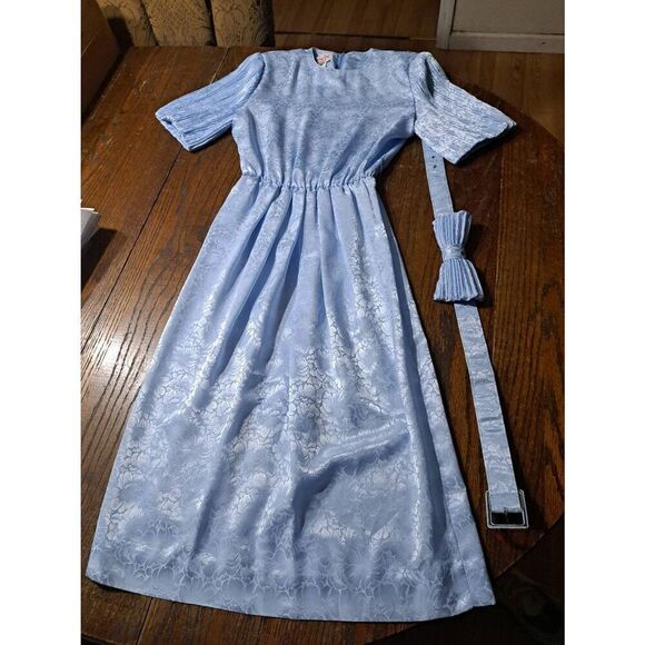 Vintage 4P Henry Lee Petite Light Blue Jacquard Dress Belt Short Pleated Sleeves - Picture 1 of 6